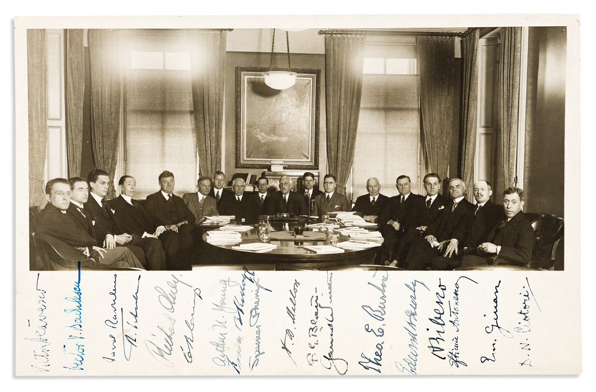 (BUSINESS--WORLD WAR I.) Photograph Signed, by 18 members of the World War Foreign Debt Commission or Rumanian Commission,